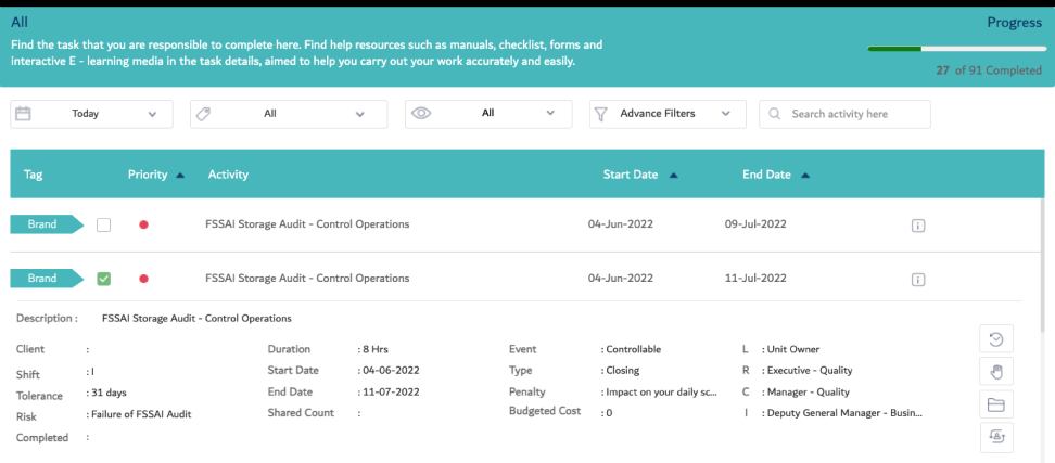 FSSAI storage audit tasks with role matrix for quality executive and manager.